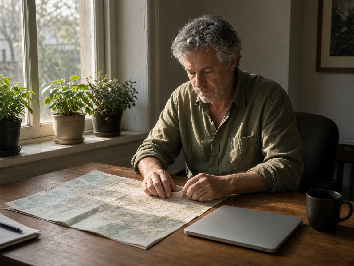 A man at a window desk looking over a paper map