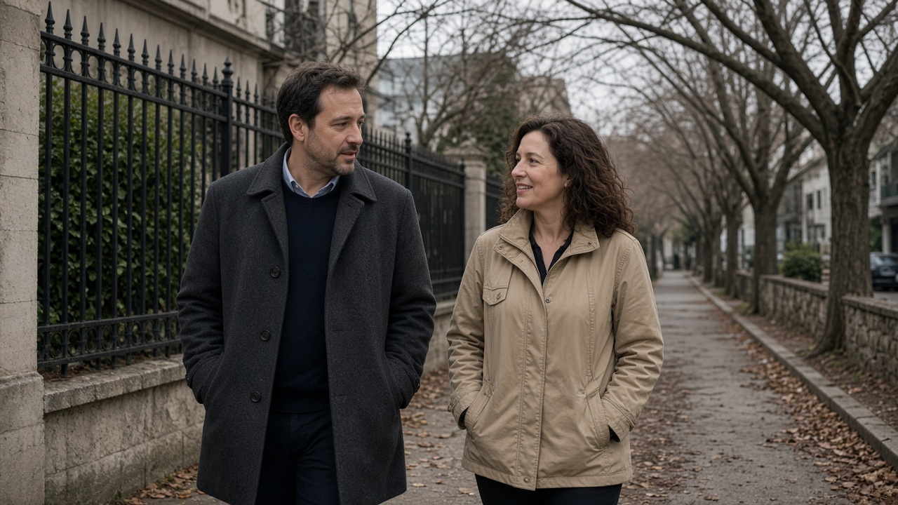Two coworkers talking as they walk along a tree-lined sidewalk
