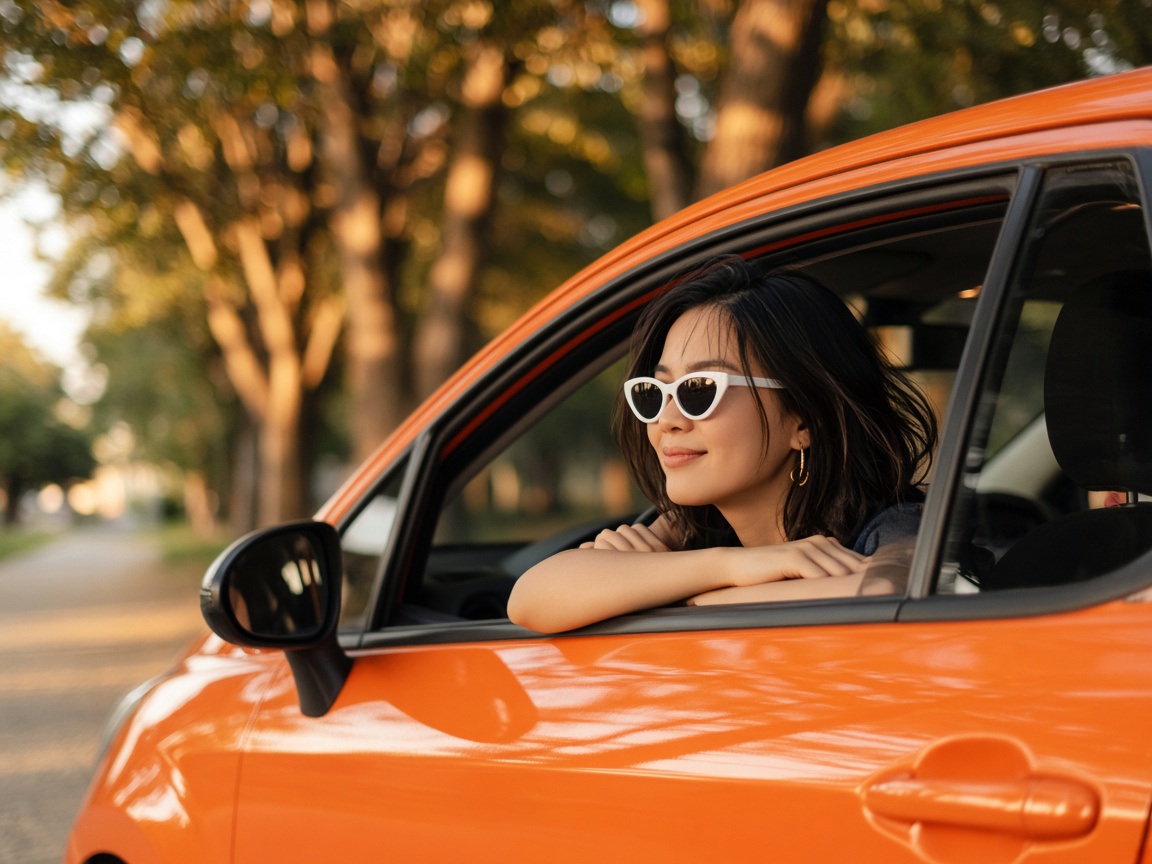 Woman in sunglasses leaning from an orange car