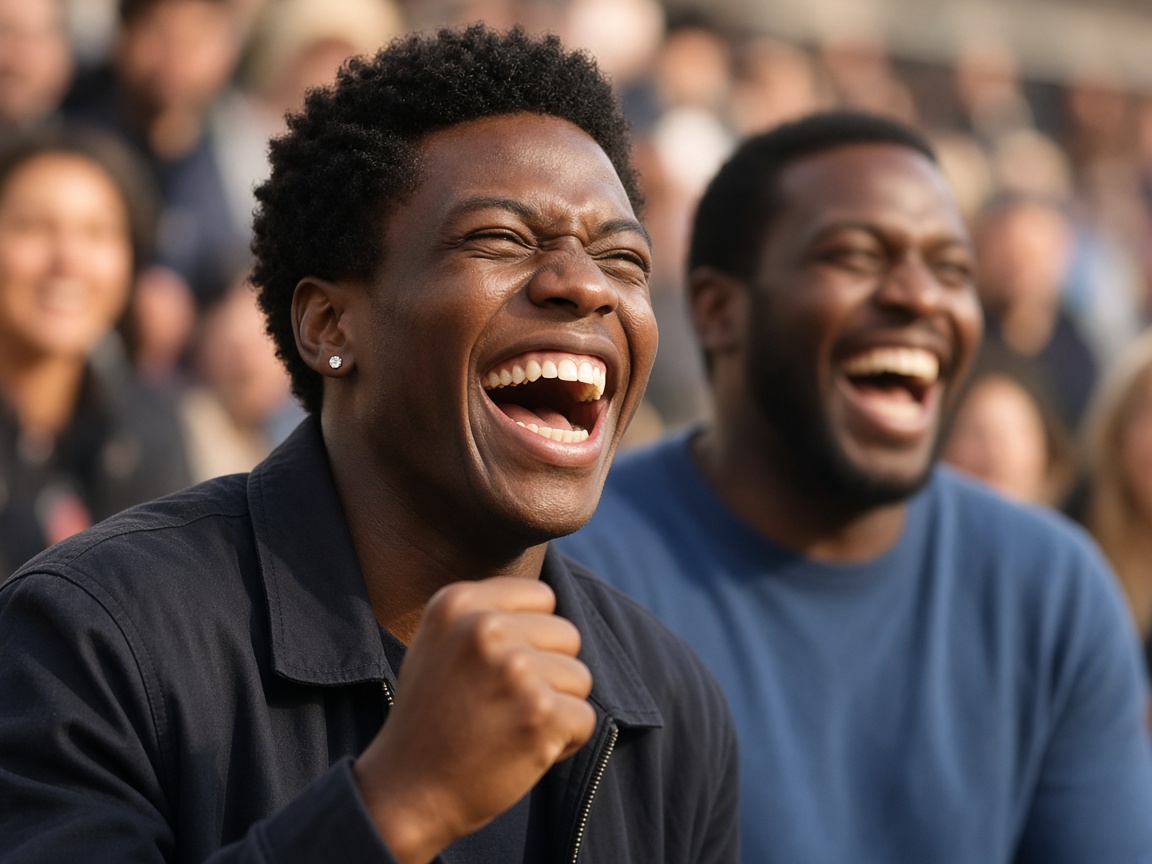 Two friends laughing in a crowd