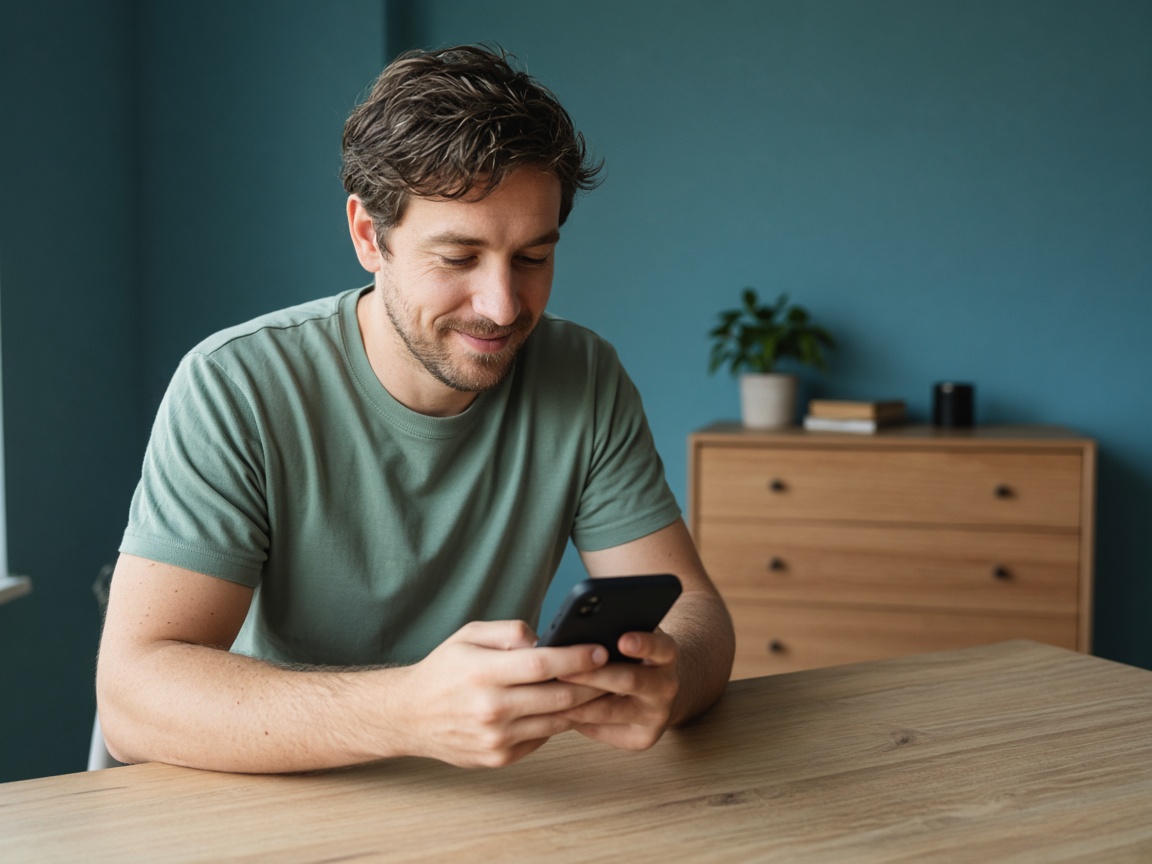 Man at a table checking his phone