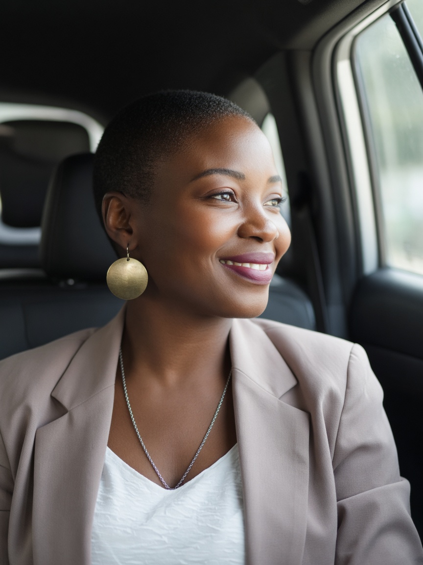 Woman in a blazer smiling from a car seat
