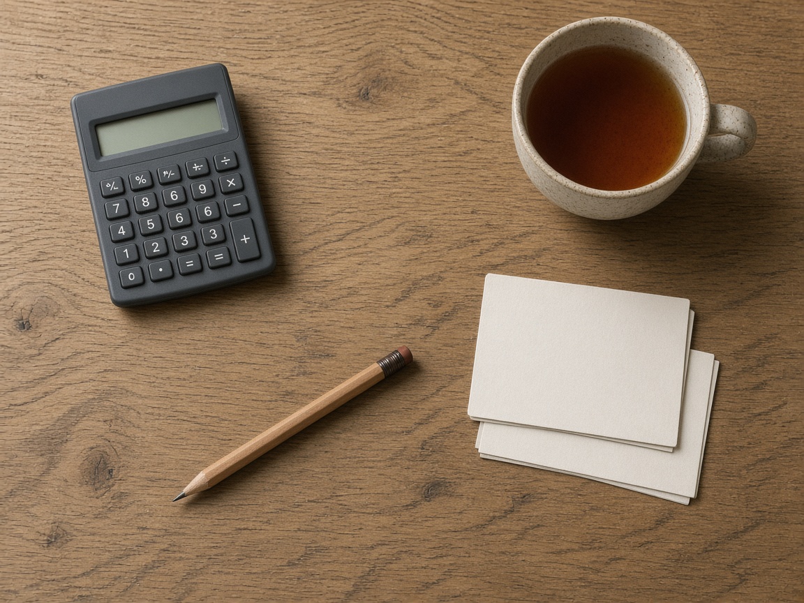 Calculator, pencil, tea, and blank cards on a wooden desk