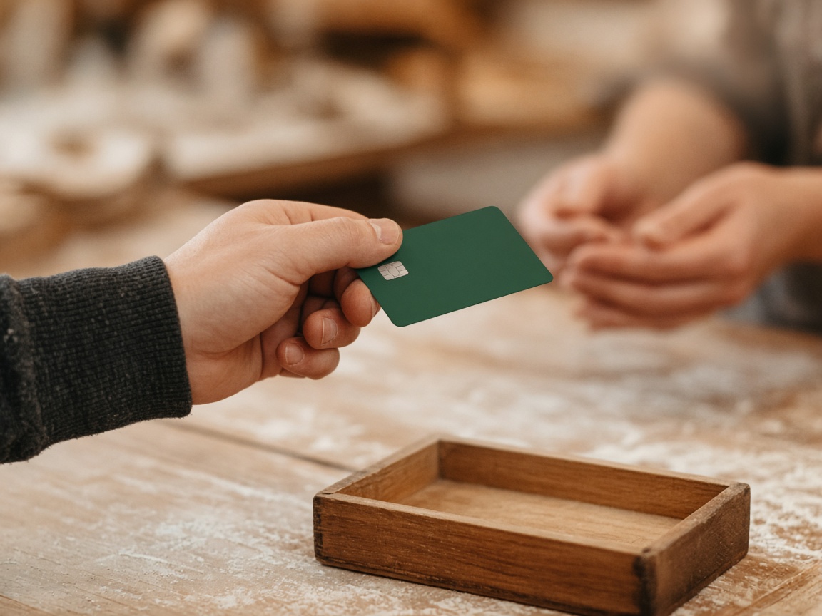Hands paying with a plain card at a bakery counter