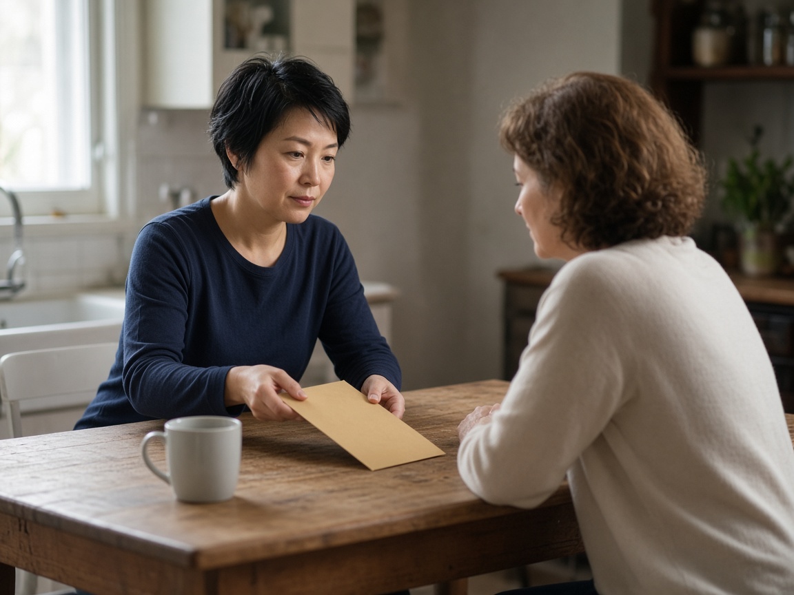 Two people at a kitchen table passing an envelope